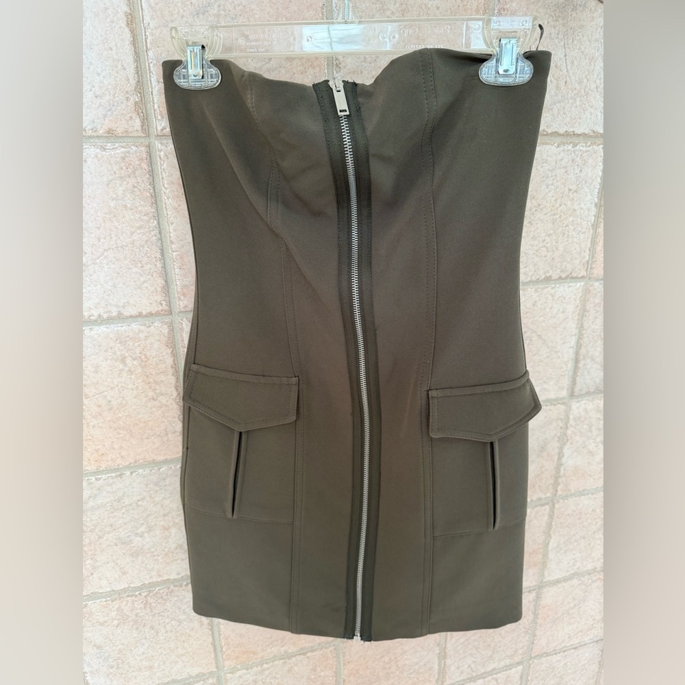 Olive Green Strapless Zip-Up Dress